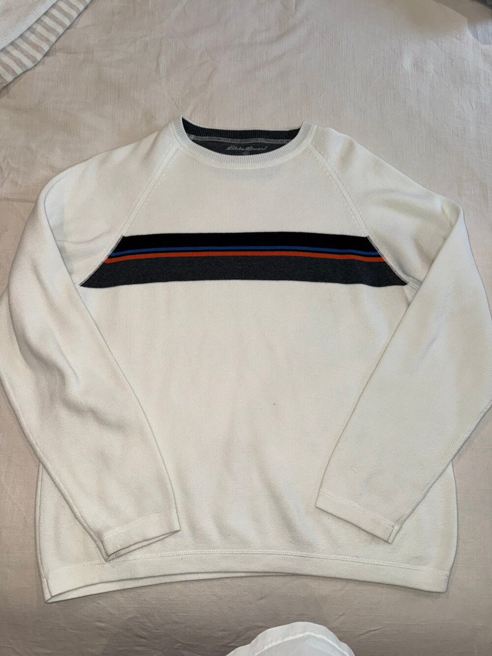 Eddie Bauer 100% Cotton White Stripe Crewneck Sweater Size Medium